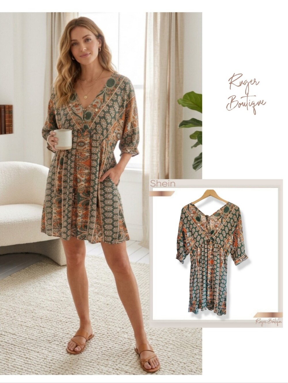 🌿SHEIN Green Boho Cottagecore Patterned V-Neck Mini Dress Size Large
